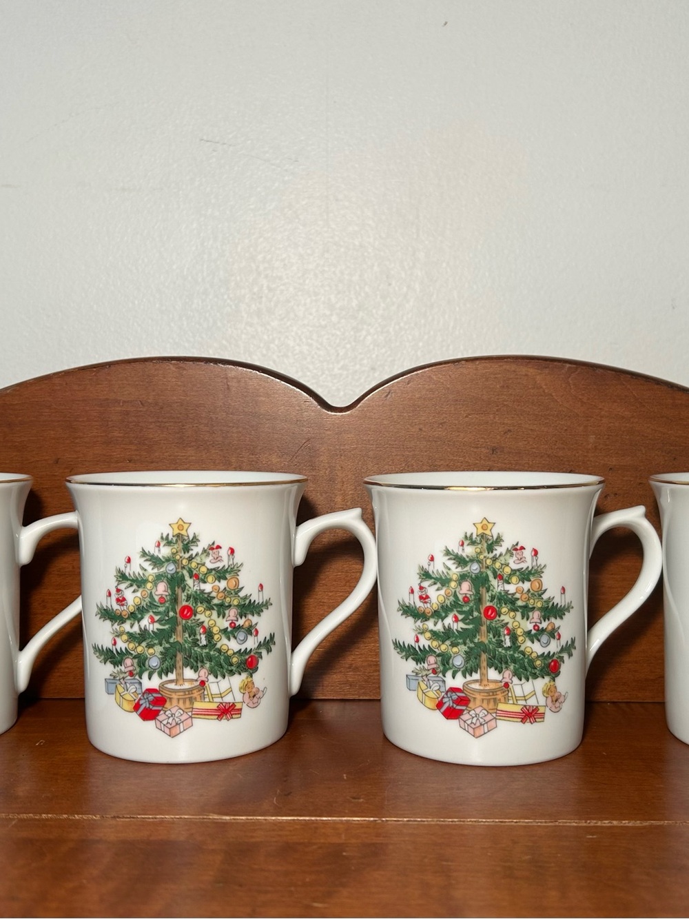 Set of 4 Porcelain Christmas Mugs made in Japan 3 11/16” tall x 4.5” wide
